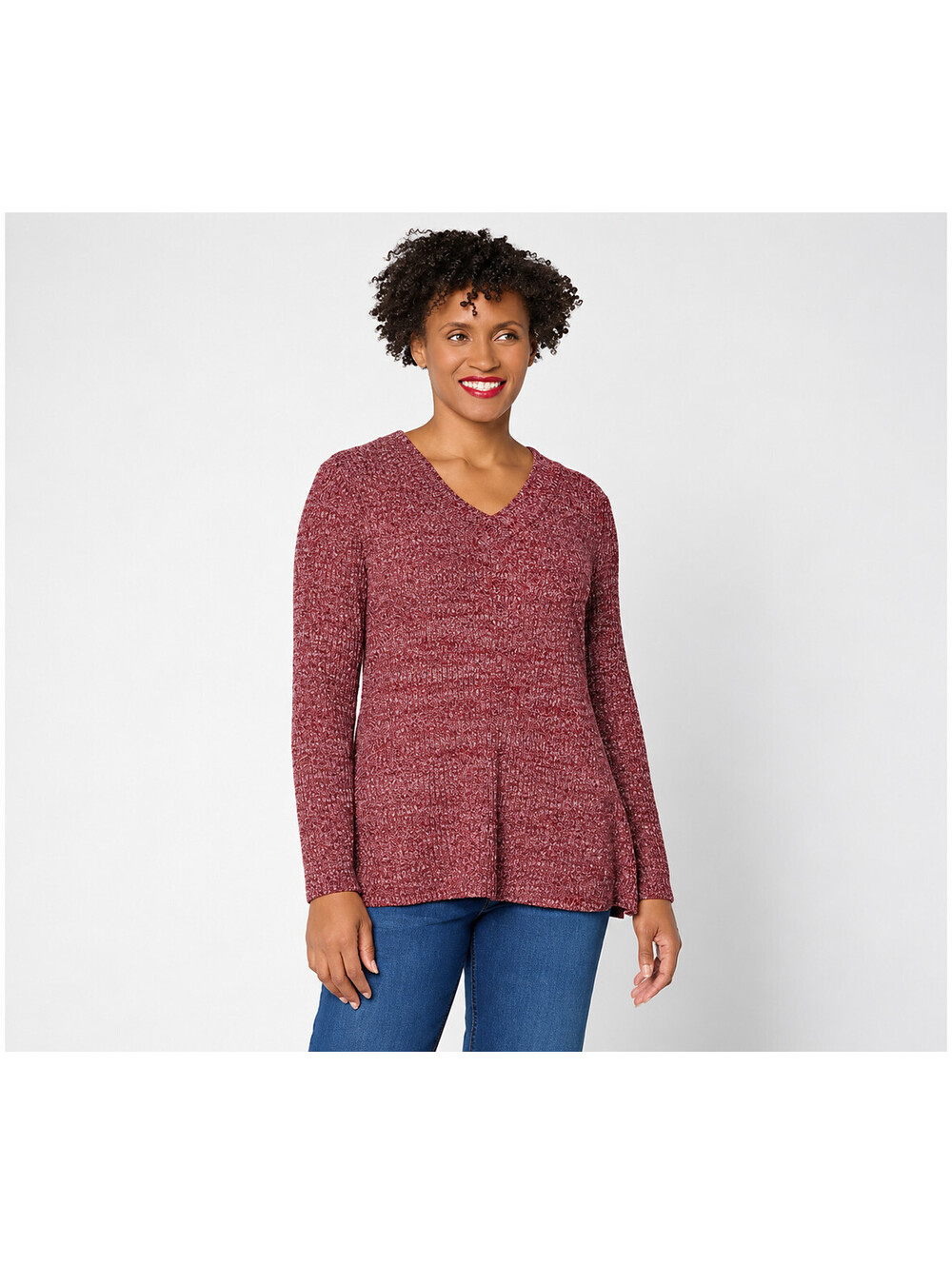 Denim & Co. Regular Ribbed Long Sleeve V-Neck Tunic Top Cranberry, Size Medium